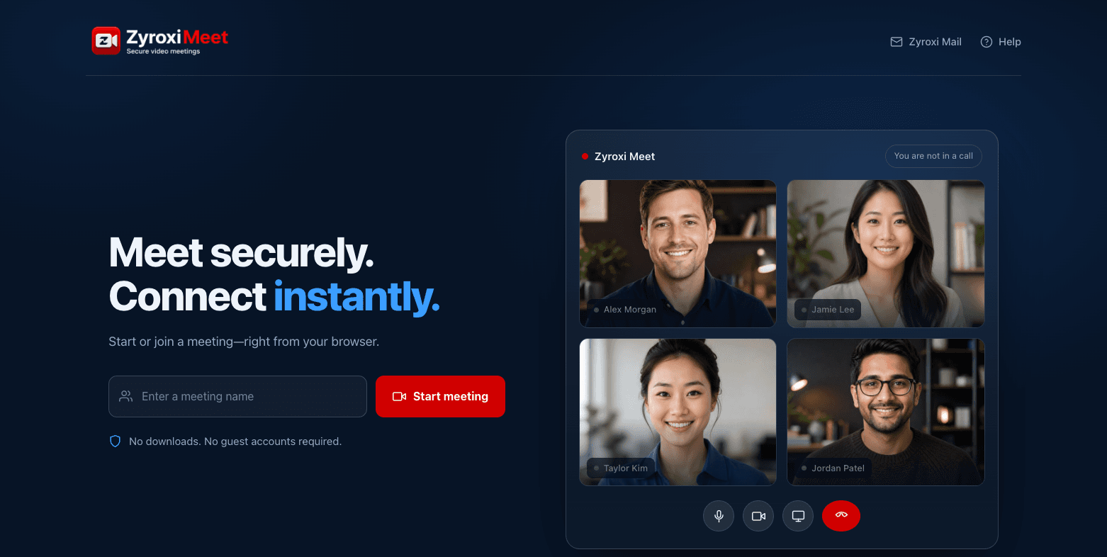 The ZYROXI Meet start page, showing a video call in progress
